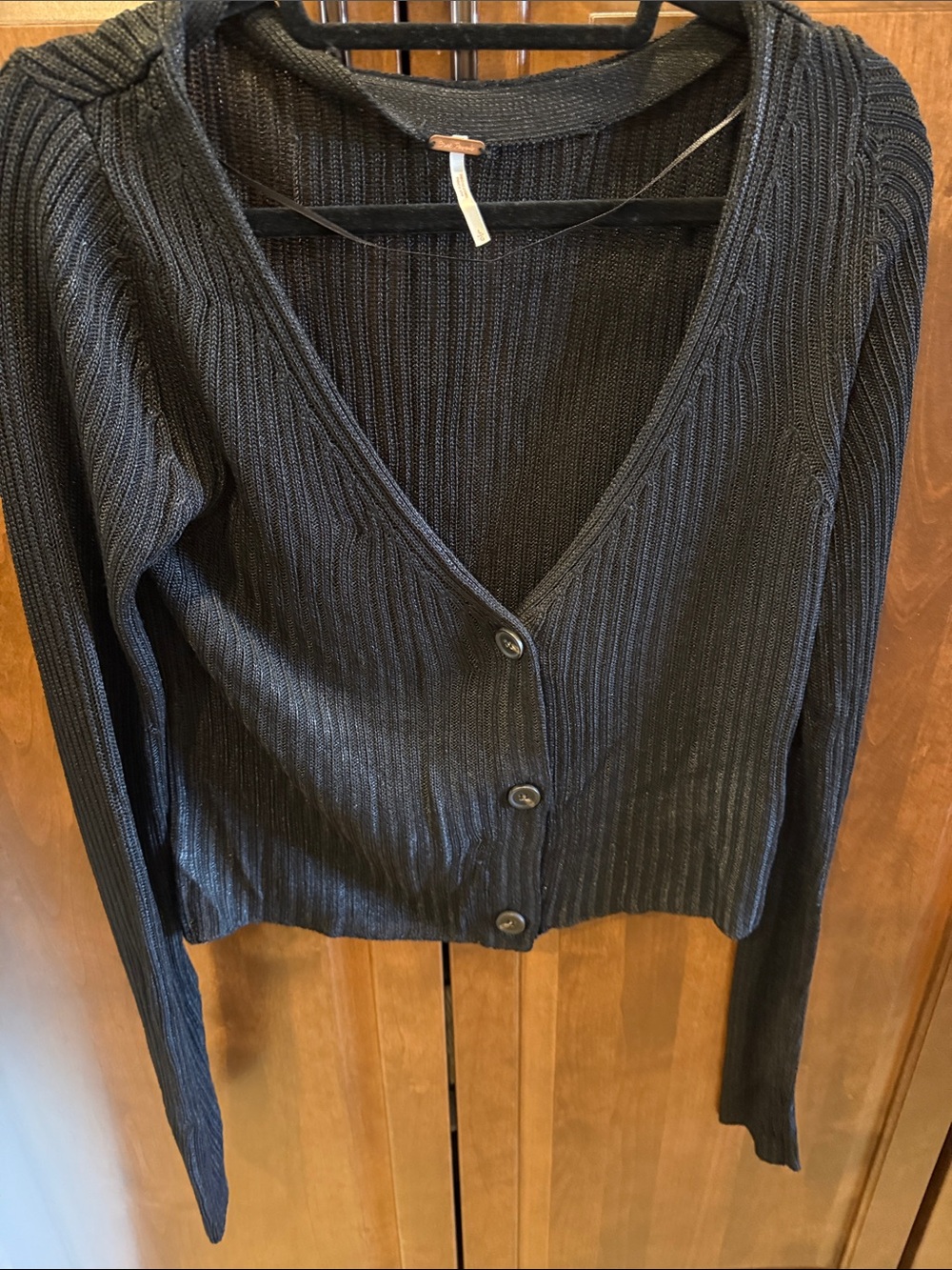 Free People Black Ribbed V-Neck Button-Up Cardigan